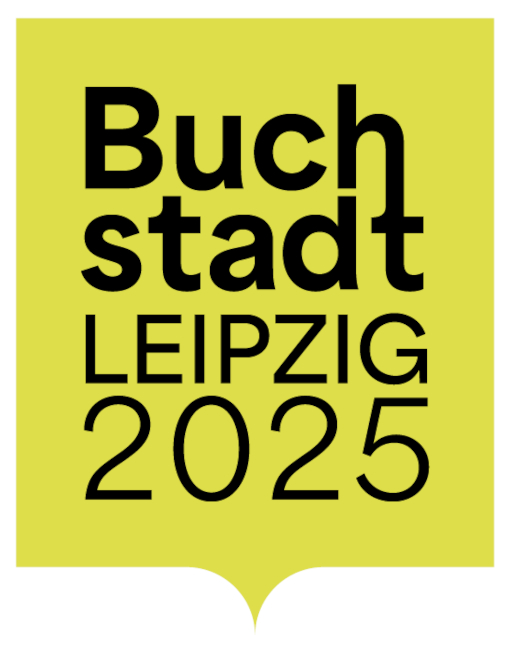 Logo mit der Aufschrift "Buchstadt Leipzig 2025" in einer Sprechblase