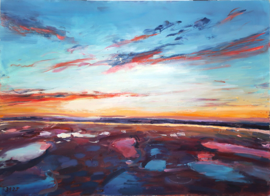 Gemälde eines Sonnenuntergangs am Meer, auf dem sich die rot gefärbten Wolken spiegeln