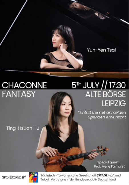 Das Plakat zur Veranstaltung zeigt Fotos der Pianistin Yun-Yen Tsai und der Violinistin Ting-Hsuan Hu.