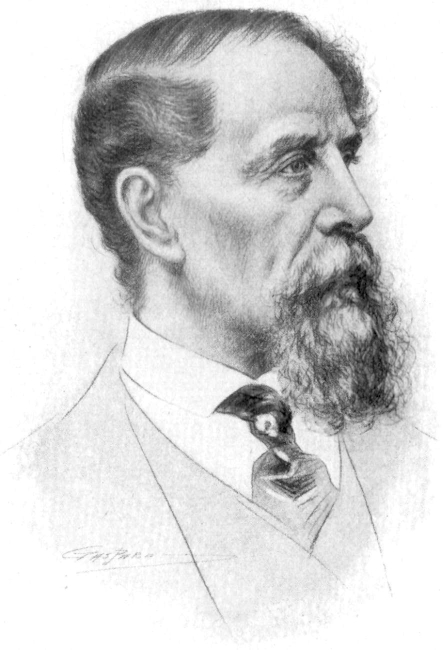 Zeichnung des älteren Charles Dickens mit Spitzbart und Krawatte