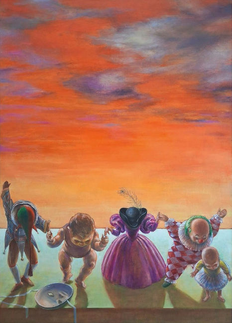 Gemälde mit puppenhaften Figuren in Theaterkostümen, die sich wie nach einer Vorstellung in einer Reihe verbeugen