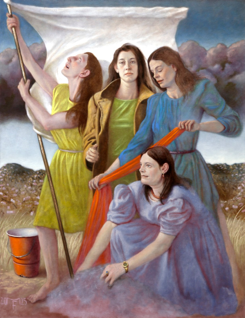 Gemälde von vier Frauen, von denen eine eine weiße Fahne hält und eine andere eine rote Stoffbahn zusammenrollt.