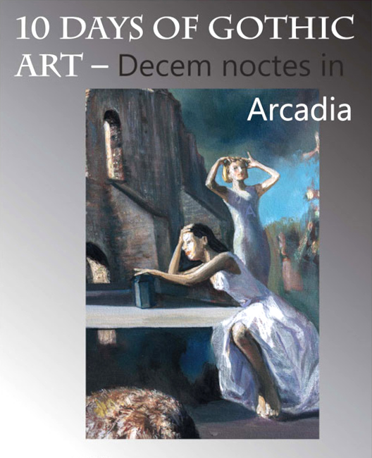 Das Plakat zur Ausstellung zeigt zwei in Weiß gekleidete Frauen in einer Fantasielandschaft