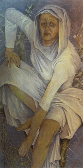 Gemälde, das eine Frau in langem weißen Gewand zeigt, die auf dem Boden sitzt und in der linken Hand den Rand eines Netzes hält.