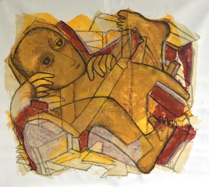 Abstrakte Zeichnung, auf der eine liegende Figur zu erkennen ist