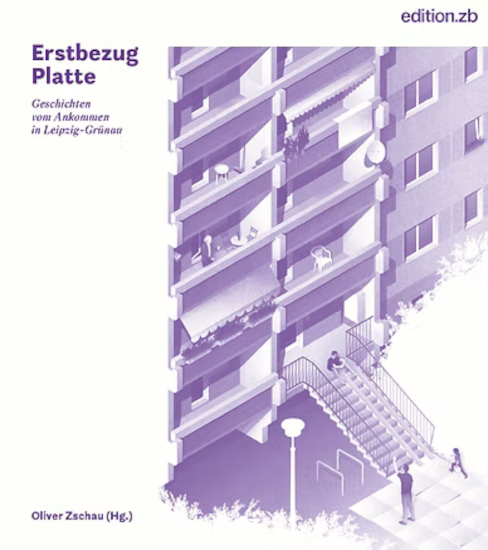 Das Buchcover zeigt die Illustration des Hauseingangs um Plattenbau, zu dem einer Treppe führt, auf der Kinder spielen.