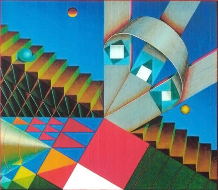 Abstraktes Gemälde, auf dem verschiedene geometrische Figuren und Objekte mit einander kombiniert wurden