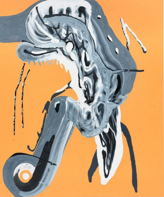 Abstaktes Gemälde eines grau-weißen Gebildes vor orangefarbigen Hintergrund