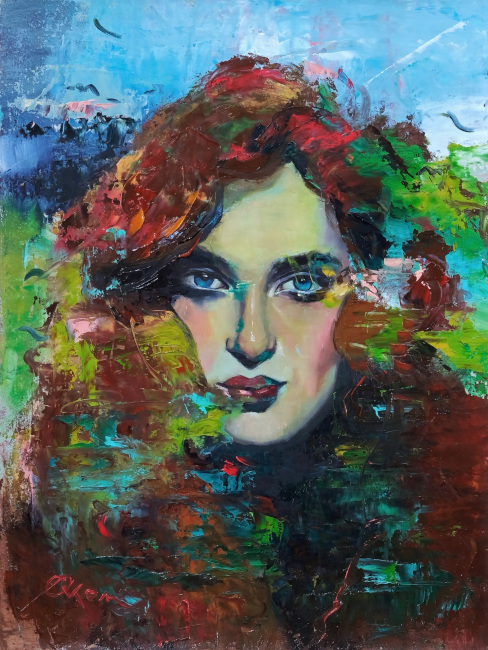 Gemälde einer Frau mit bleuen Augen und rotn Haaren