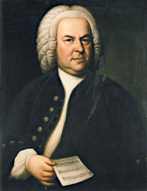 Historisches Gemälde von Johann Sebastian Bach mit einem Notenblatt in der Hand