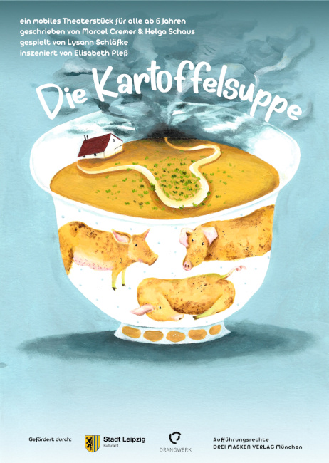 Das Plakat zum Stück zeigt eine Schüssel voller Suppe, auf der sich eine Insel mit einem Haus darauf befindet.