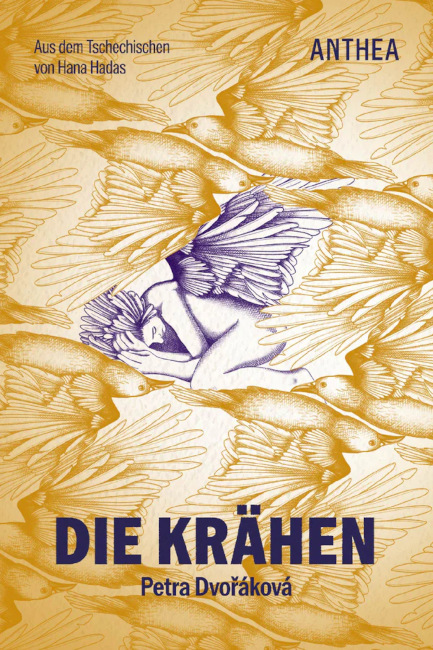 Auf dem Buchcover ist eine liegende, nackte Person mit Fügeln zu sehen, die von fliegenden Krähen umgeben ist.