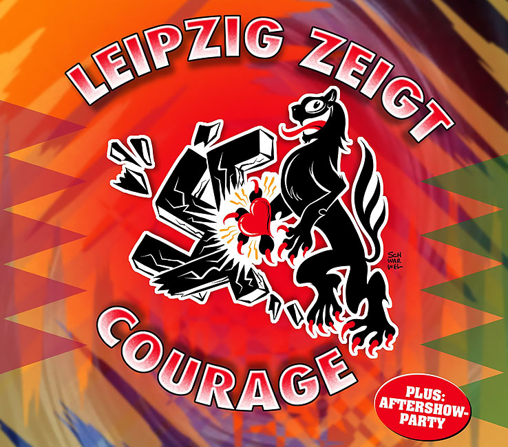 Das Veranstaltungsplakat zeigt den Leipziger Wappenlöwen, der ein Hakenkreuz zerschlägt.