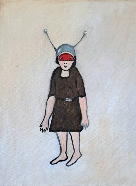 Zeichnung eines Mädchens mit roter Augenmaske und einer Kappe mit Fühlern auf dem kopf