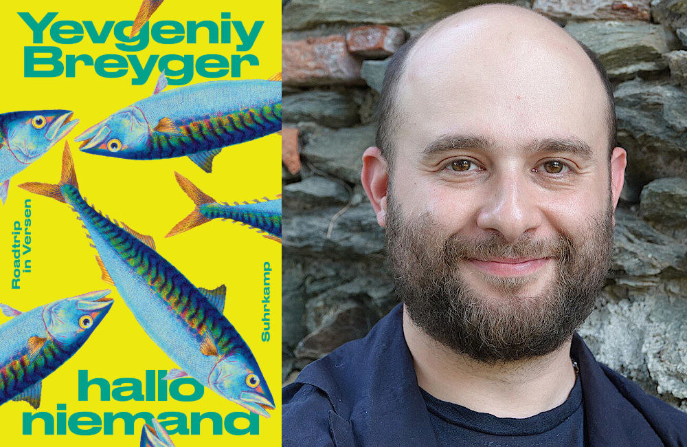 Das Buchcover von "hallo niemand" und eine Nahaufnahme des freundlich lächlnden Lyrikers nebeneinander