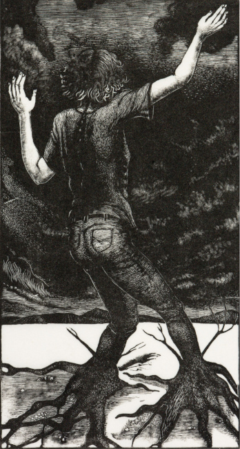 Grafik eines Jugendlichen in Jeans und T-Shirt von hinten, dessen Beine in Wurzeln übergehen