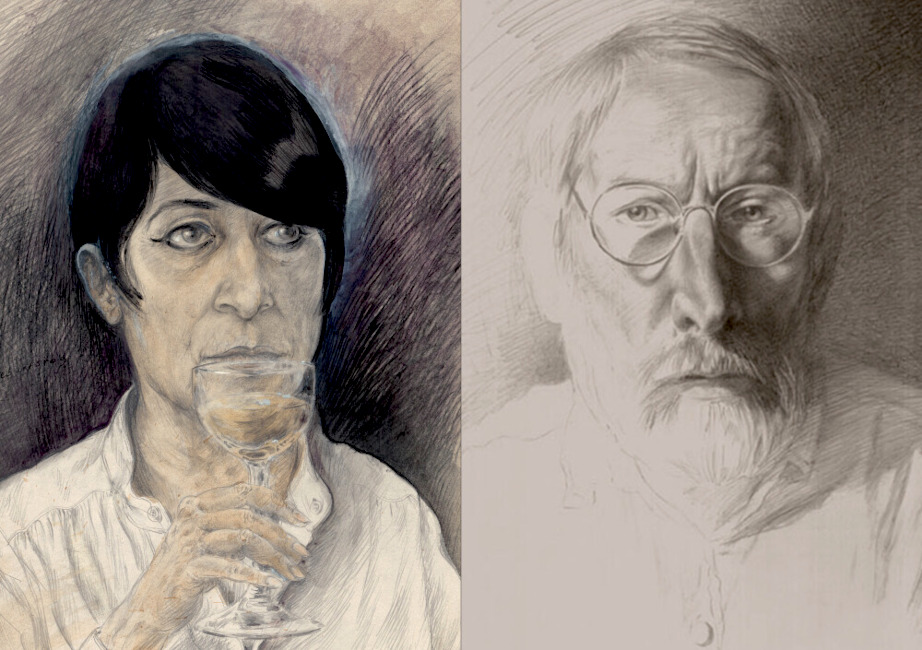 Zwei Zeichnungen mit Selbstbildnissen von Ursula Mattheuer-Neustädt und Dietrich Wenzel nebeneinander