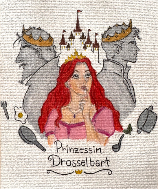Zeichnung einer rothaarigen Prinzessin mit einem älteren und einem jungen Mann im Hintergrund, die beide eine Krone tragen