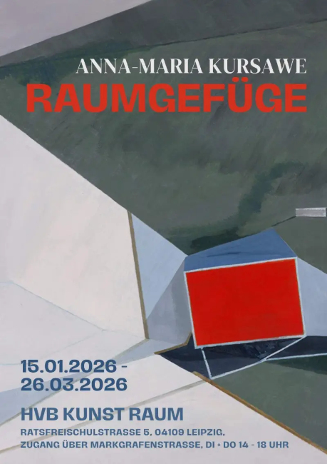 Das Plakat zur Ausstellung zeigt gemalte geometrische Flächen und Körper im Raum