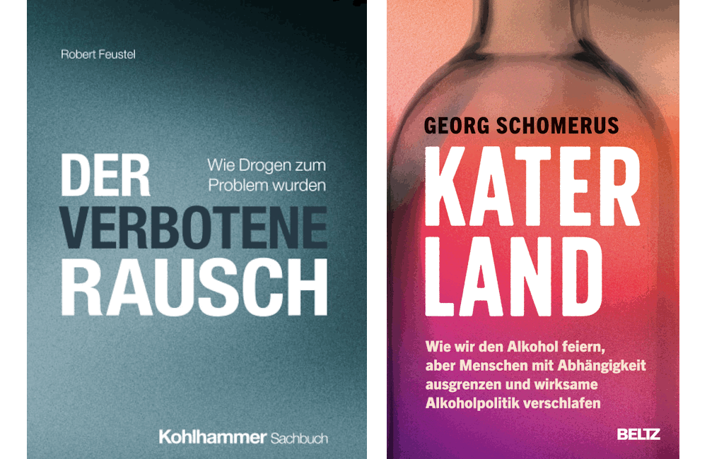 Die Cover der beiden Bücher neben einander, beide sachlich gehalten, bei "Katerland" ist im Hintergrund eine leere Flasche zu sehen
