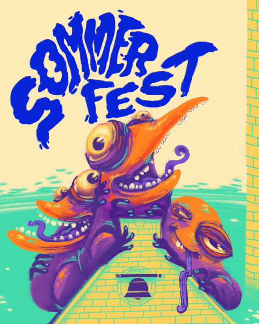 Das Plakat zum Sommerfest zeigt zwei fröhliche Kraken auf einem Dach.