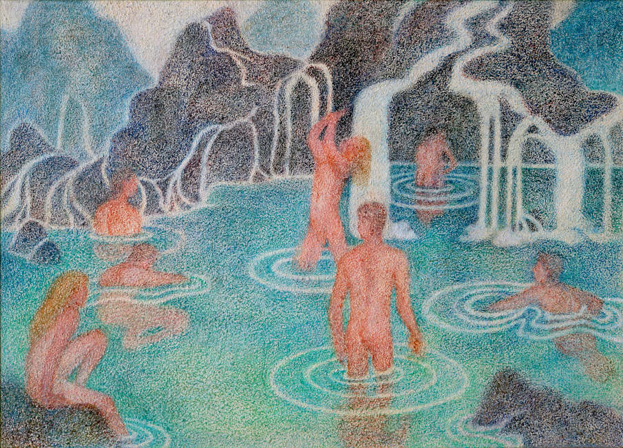 Gemälde von mehreren nackten Menschen, die in einem kleien See mit Wasserfall baden