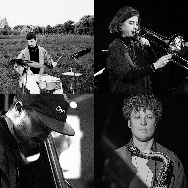 Collage von vier Schwarz-Weiss-Fotos der Musikerinnen und Musiker mit ihren Instrumenten