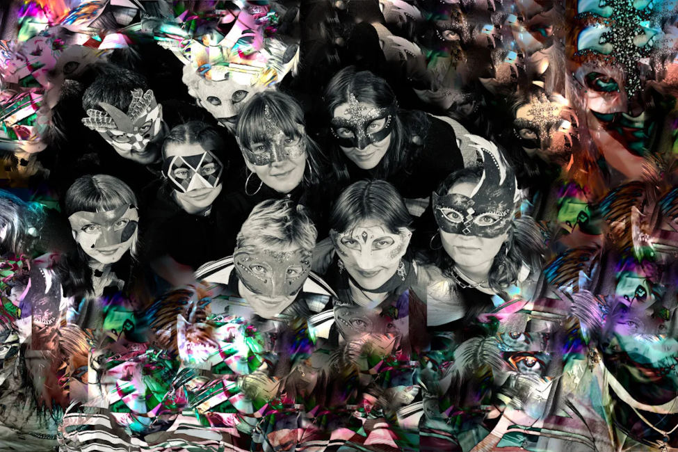 Ein von oben aufgenommenes Gruppenfoto von jungen Schauspielerinnen und Schauspielern mit Masken