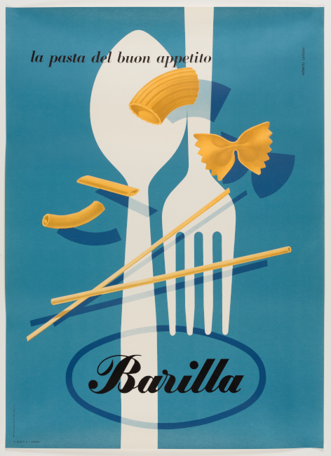 Historisches Plakat, das einen Löffel und eine Gabel ziegt, sowie verschiedene Pastaformen und den Schriftzug "Barilla".