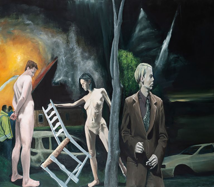 Surreales Gemälde, auf dem unter anderen ein Mann im braunen Anzug und ein nacktes Paar zu sehen sind