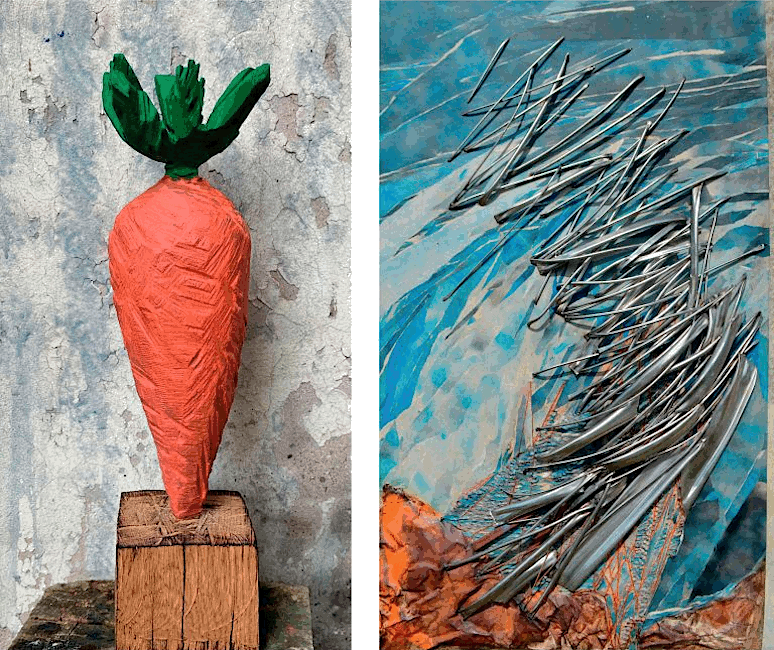 Fotos von zwei Skulpturen nebeneinander. Einmal eine Möhre aus Holz und einmal ein abstraktes Gebilde mit gebogenen, silbrig glänzenden Metallteilen.