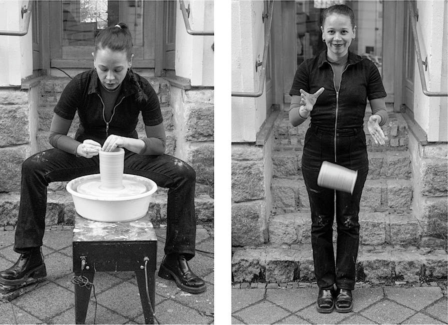 zwei Schwarz-Weiß-Fotos von Émilie Haus - einmal an ihrer Drehscheibe und einmal, wie sie lächelnd ein Tongefäß fallen lässt